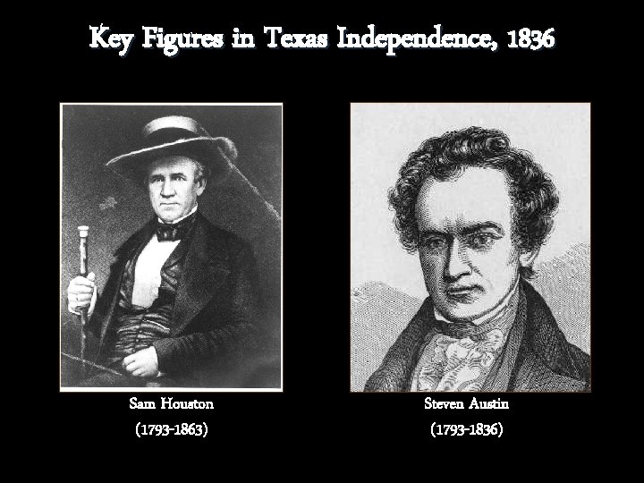 Key Figures in Texas Independence, 1836 Sam Houston (1793 -1863) Steven Austin (1793 -1836) Key Figures in Texas Independence, 1836 Sam Houston (1793 -1863) Steven Austin (1793 -1836)