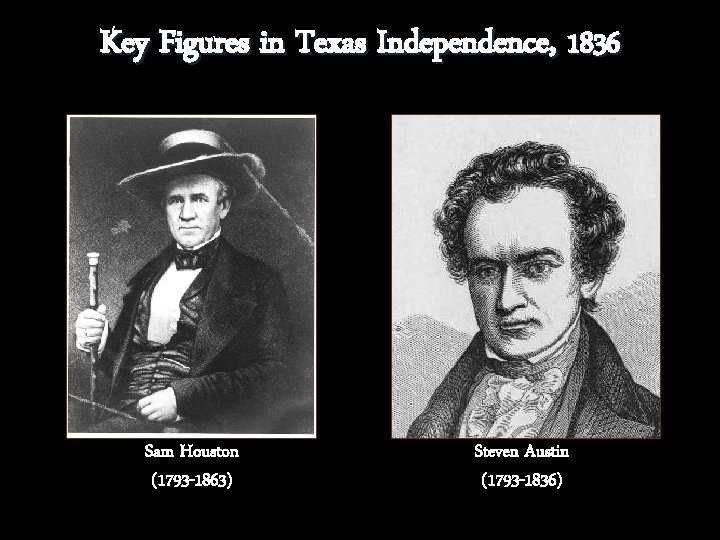 Key Figures in Texas Independence, 1836 Sam Houston (1793 -1863) Steven Austin (1793 -1836)