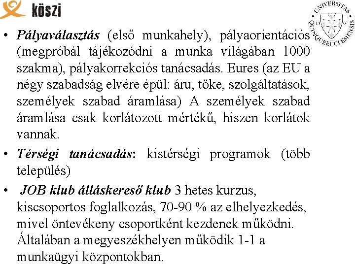  • Pályaválasztás (első munkahely), pályaorientációs (megpróbál tájékozódni a munka világában 1000 szakma), pályakorrekciós