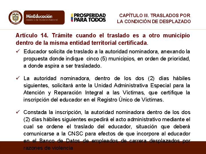 CAPÍTULO III. TRASLADOS POR LA CONDICIÓN DE DESPLAZADO Artículo 14. Trámite cuando el traslado