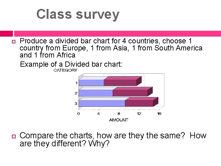 Class survey Produce a divided bar chart for 4 countries, choose 1 country from