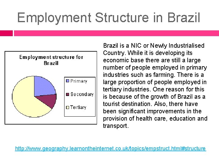 Employment Structure in Brazil is a NIC or Newly Industrialised Country. While it is