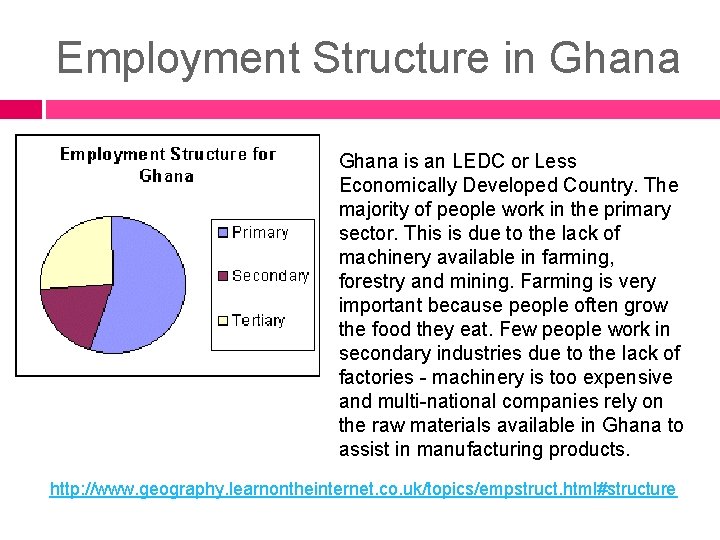 Employment Structure in Ghana is an LEDC or Less Economically Developed Country. The majority