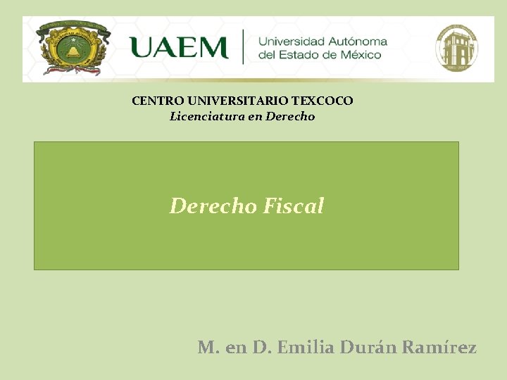 CENTRO UNIVERSITARIO TEXCOCO Licenciatura en Derecho Fiscal M. en D. Emilia Durán Ramírez 