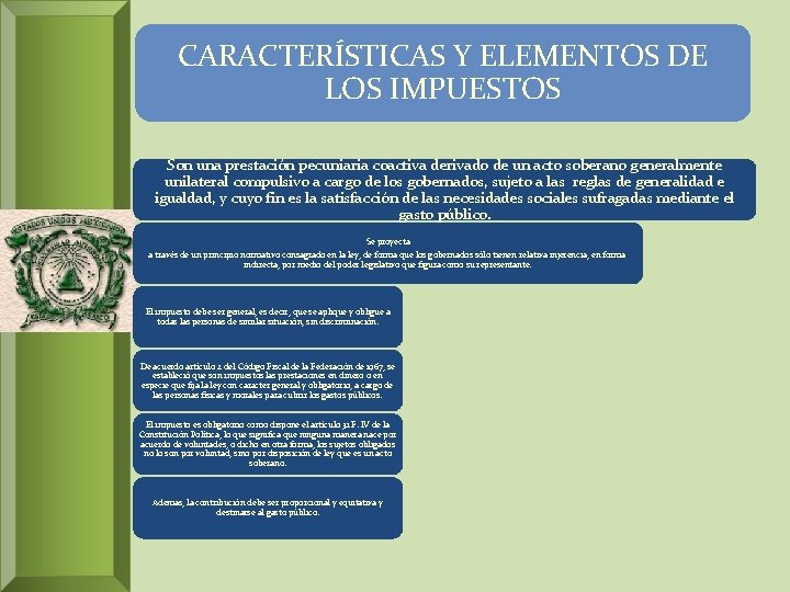 CARACTERÍSTICAS Y ELEMENTOS DE LOS IMPUESTOS Son una prestación pecuniaria coactiva derivado de un