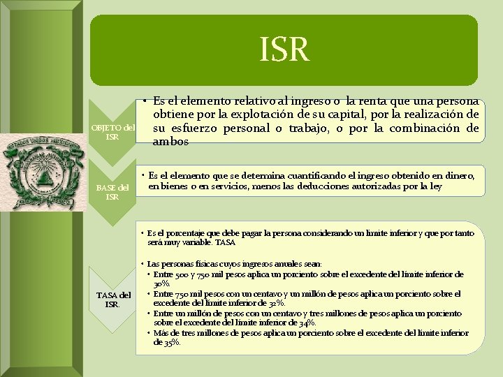 ISR OBJETO del ISR BASE del ISR • Es el elemento relativo al ingreso