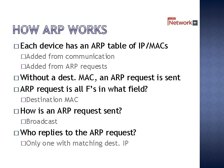 � Each device has an ARP table of IP/MACs �Added from communication �Added from