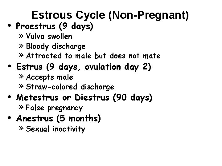  • • Estrous Cycle (Non-Pregnant) Proestrus (9 days) » Vulva swollen » Bloody