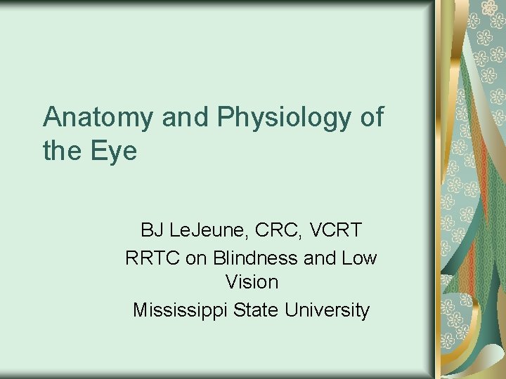 Anatomy and Physiology of the Eye BJ Le. Jeune, CRC, VCRT RRTC on Blindness