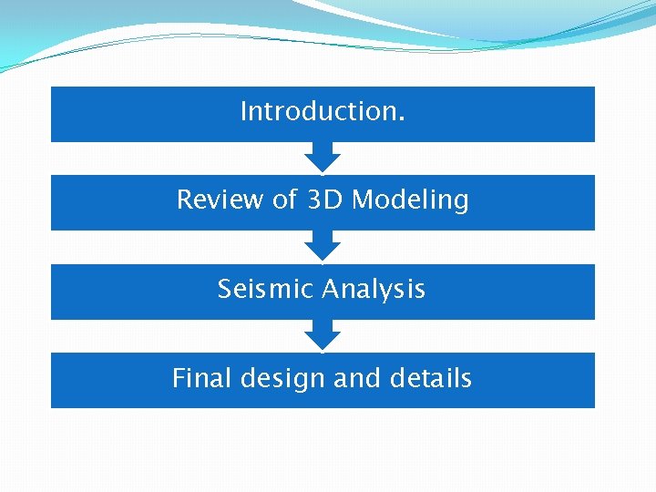Introduction. Review of 3 D Modeling Seismic Analysis Final design and details 