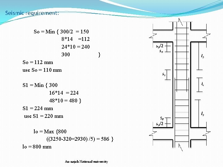 Seismic requirement: So = Min { 300/2 = 150 8*14 =112 24*10 = 240