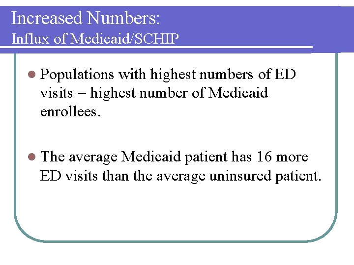 Increased Numbers: Influx of Medicaid/SCHIP l Populations with highest numbers of ED visits =