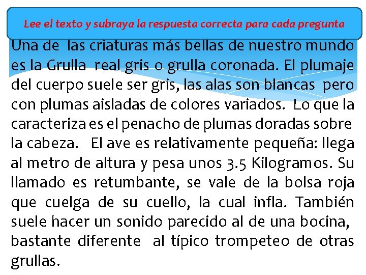 Lee el texto y subraya la respuesta correcta para cada pregunta Una de las