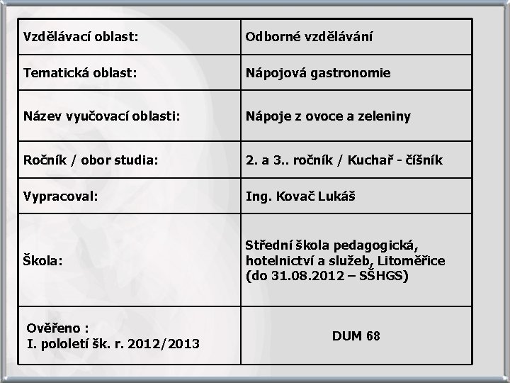 Vzdělávací oblast: Odborné vzdělávání Tematická oblast: Nápojová gastronomie Název vyučovací oblasti: Nápoje z ovoce