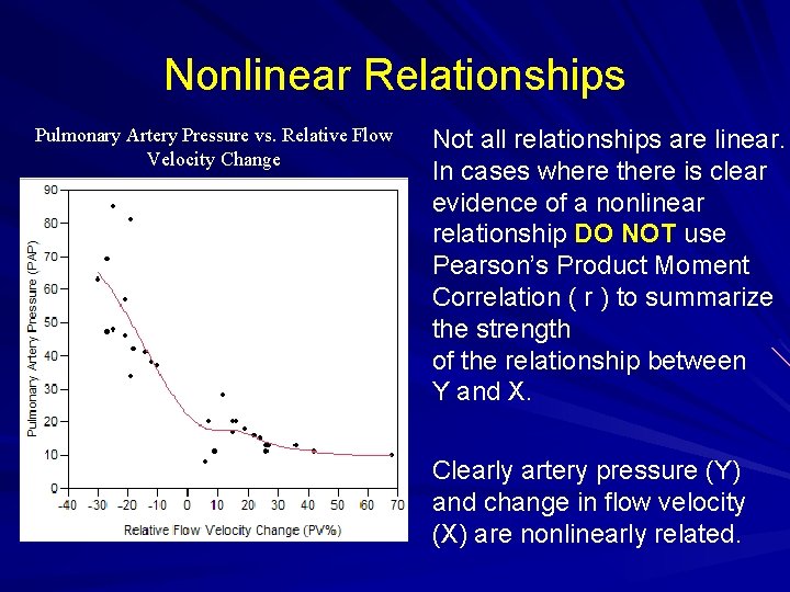 Nonlinear Relationships Pulmonary Artery Pressure vs. Relative Flow Velocity Change Not all relationships are