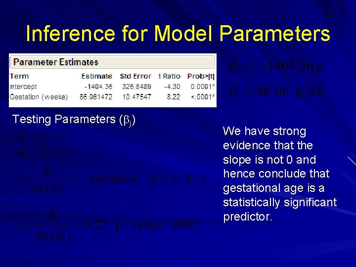 Inference for Model Parameters Testing Parameters (bj) We have strong evidence that the slope