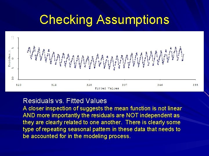 Checking Assumptions Residuals vs. Fitted Values A closer inspection of suggests the mean function