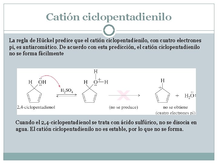Catión ciclopentadienilo La regla de Hückel predice que el catión ciclopentadienilo, con cuatro electrones