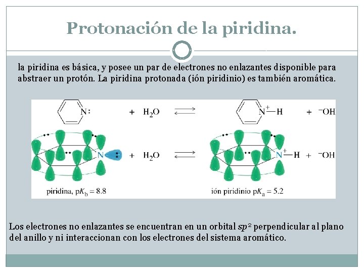 Protonación de la piridina es básica, y posee un par de electrones no enlazantes