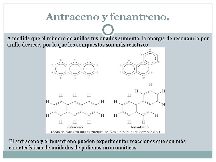 Antraceno y fenantreno. A medida que el número de anillos fusionados aumenta, la energía
