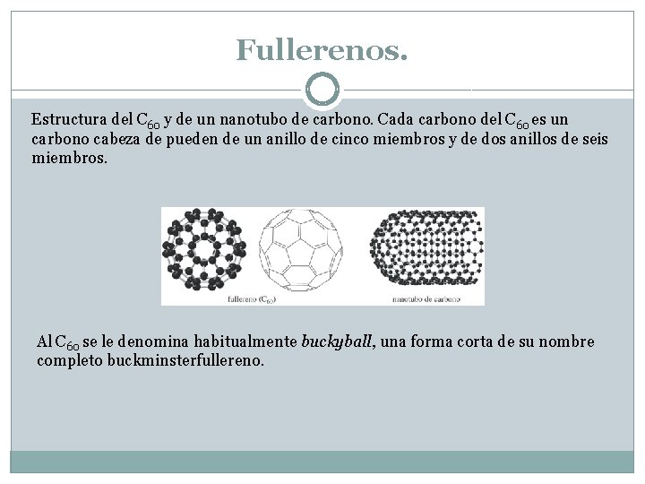 Fullerenos. Estructura del C 60 y de un nanotubo de carbono. Cada carbono del