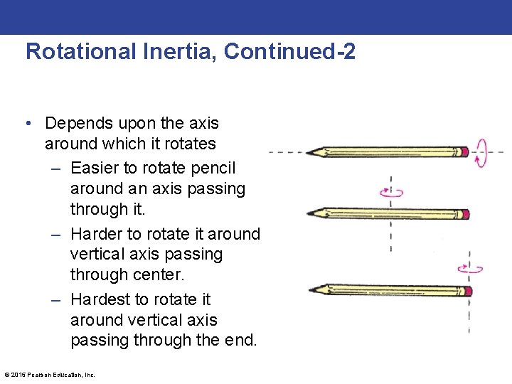 Rotational Inertia, Continued-2 • Depends upon the axis around which it rotates – Easier