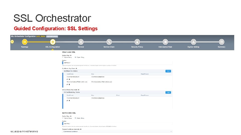 SSL Orchestrator Guided Configuration: SSL Settings 18 | © 2018 F 5 NETWORKS 