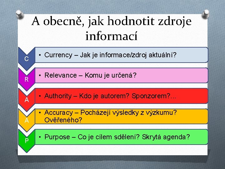 A obecně, jak hodnotit zdroje informací C R A A P • Currency –