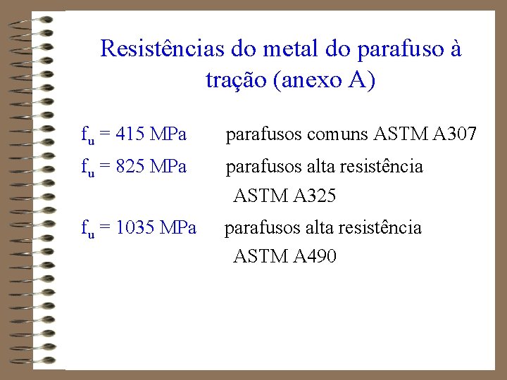 Resistências do metal do parafuso à tração (anexo A) fu = 415 MPa parafusos