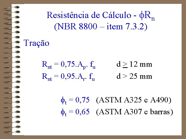 Resistência de Cálculo - Rn (NBR 8800 – item 7. 3. 2) Tração Rnt