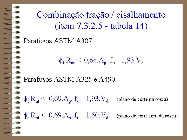 Combinação tração / cisalhamento (item 7. 3. 2. 5 - tabela 14) Parafusos ASTM