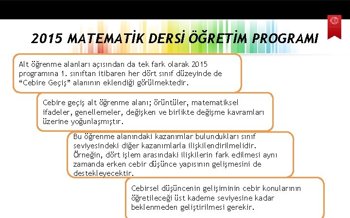 2015 MATEMATİK DERSİ ÖĞRETİM PROGRAMI Alt öğrenme alanları açısından da tek fark olarak 2015 2015 MATEMATİK DERSİ ÖĞRETİM PROGRAMI Alt öğrenme alanları açısından da tek fark olarak 2015