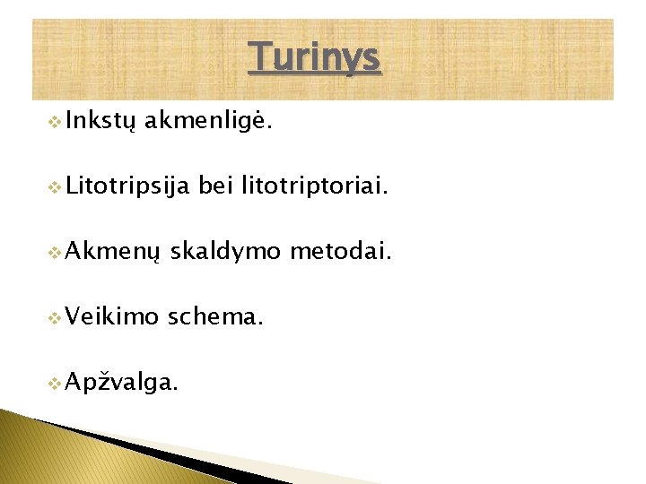 Turinys v Inkstų akmenligė. v Litotripsija bei litotriptoriai. v Akmenų skaldymo metodai. v Veikimo