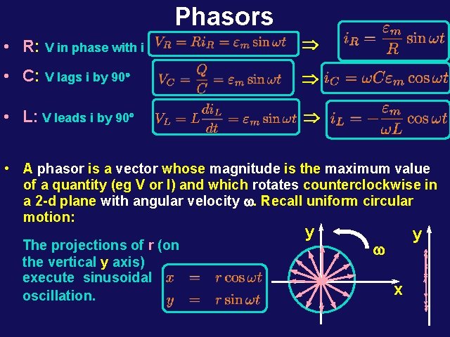 Phasors • R: V in phase with i Þ • C: V lags i