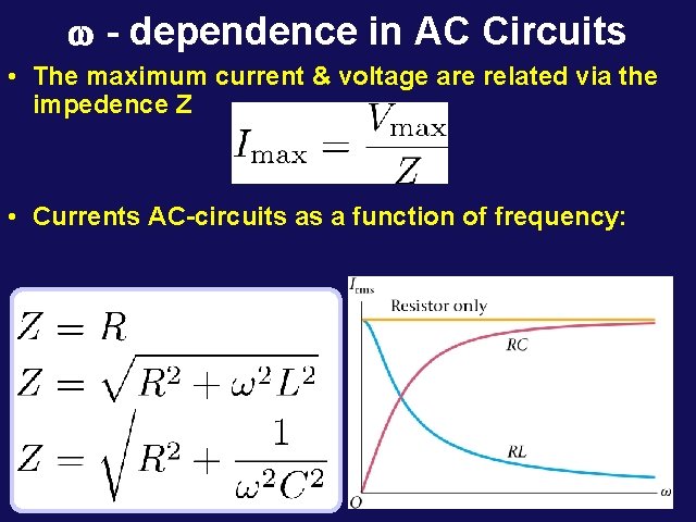 w - dependence in AC Circuits • The maximum current & voltage are related