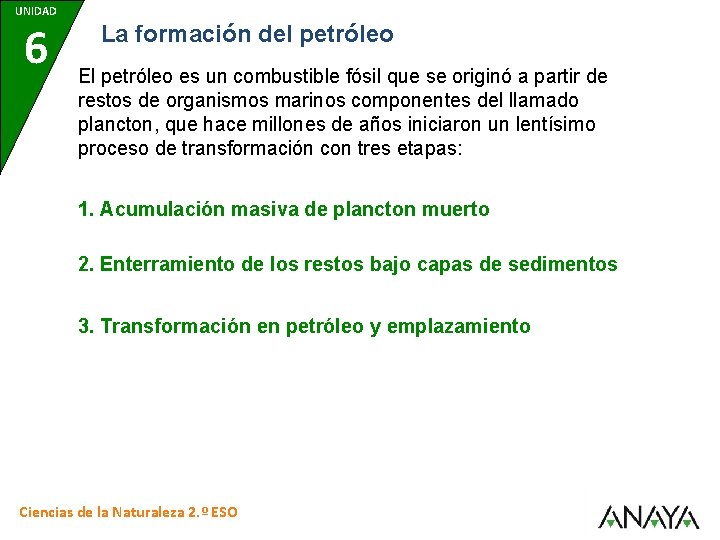 UNIDAD 6 La formación del petróleo El petróleo es un combustible fósil que se