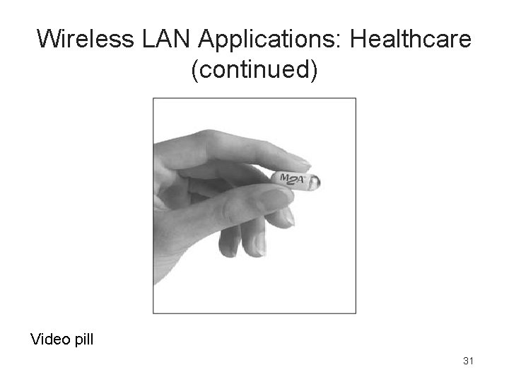 Wireless LAN Applications: Healthcare (continued) Video pill 31 