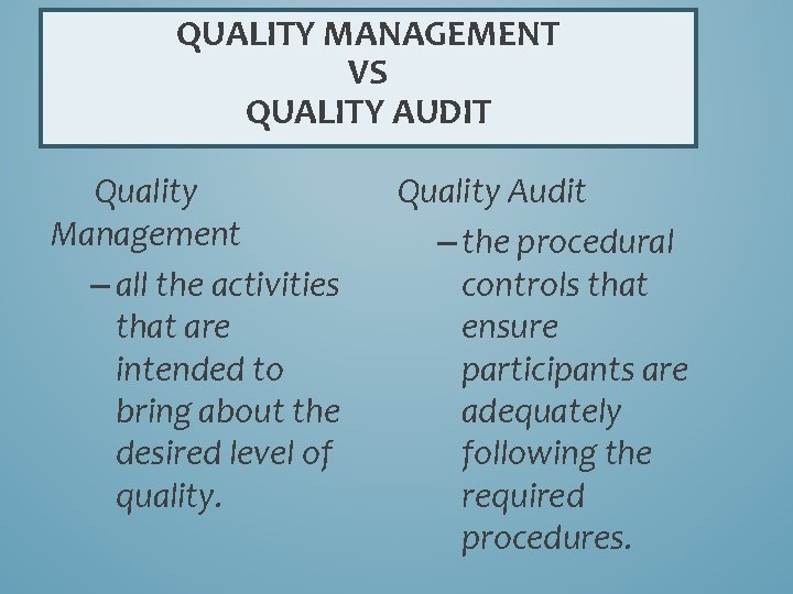 QUALITY MANAGEMENT VS QUALITY AUDIT Quality Management – all the activities that are intended