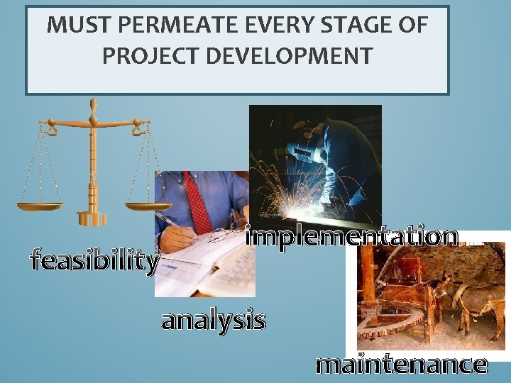 MUST PERMEATE EVERY STAGE OF PROJECT DEVELOPMENT feasibility implementation analysis maintenance 