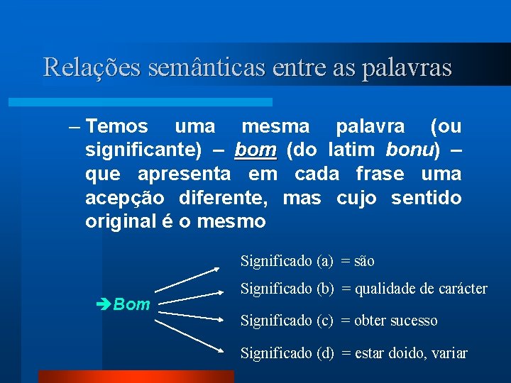 Relações semânticas entre as palavras – Temos uma mesma palavra (ou significante) – bom