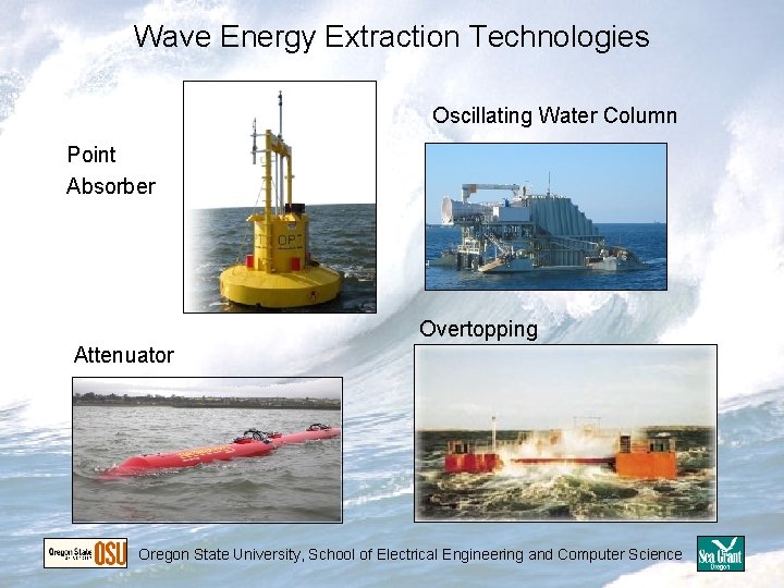 Wave Energy Extraction Technologies Oscillating Water Column Point Absorber Overtopping Attenuator Oregon State University, Wave Energy Extraction Technologies Oscillating Water Column Point Absorber Overtopping Attenuator Oregon State University,