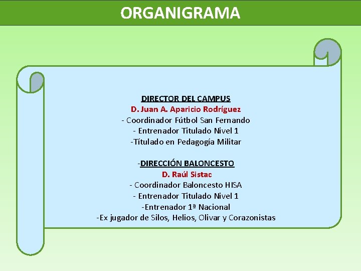 ORGANIGRAMA DIRECTOR DEL CAMPUS D. Juan A. Aparicio Rodríguez - Coordinador Fútbol San Fernando