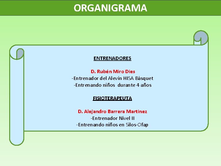 ORGANIGRAMA ENTRENADORES D. Rubén Miro Dies -Entrenador del Alevín HISA Básquet -Entrenando niños durante