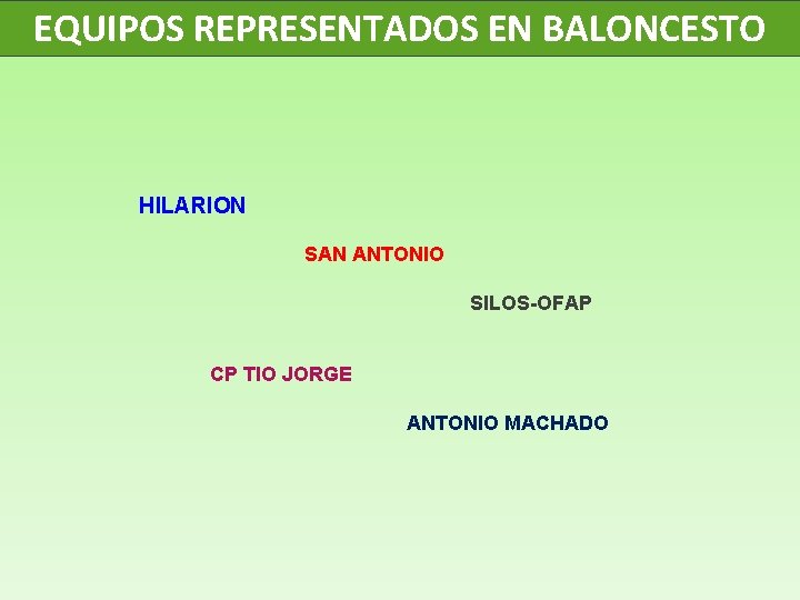 EQUIPOS REPRESENTADOS EN BALONCESTO HILARION SAN ANTONIO SILOS-OFAP CP TIO JORGE ANTONIO MACHADO 