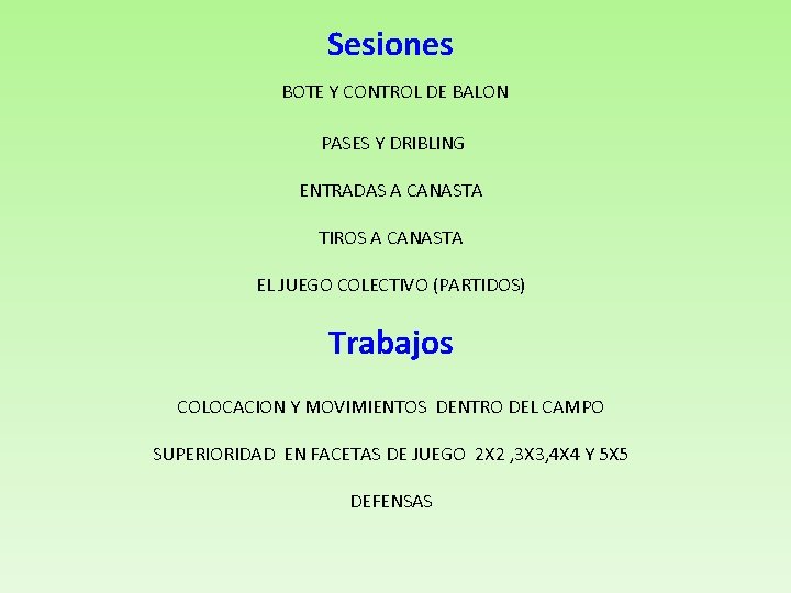 Sesiones BOTE Y CONTROL DE BALON PASES Y DRIBLING ENTRADAS A CANASTA TIROS A