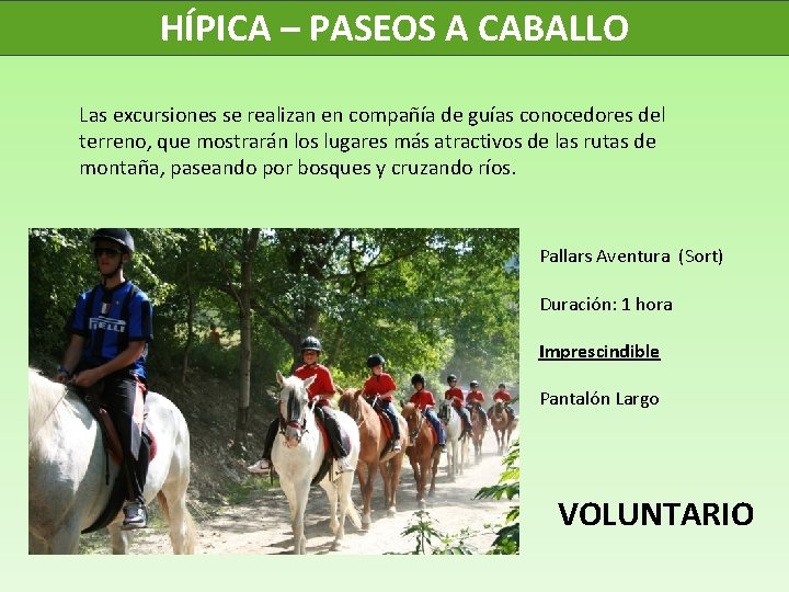 HÍPICA – PASEOS A CABALLO Las excursiones se realizan en compañía de guías conocedores