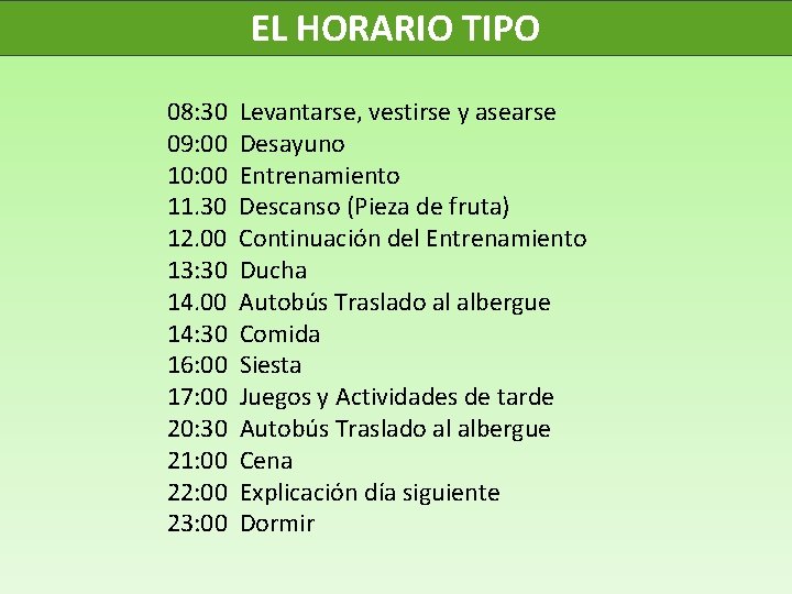 EL HORARIO TIPO 08: 30 Levantarse, vestirse y asearse 09: 00 Desayuno 10: 00
