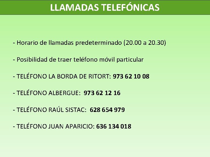 LLAMADAS TELEFÓNICAS - Horario de llamadas predeterminado (20. 00 a 20. 30) - Posibilidad