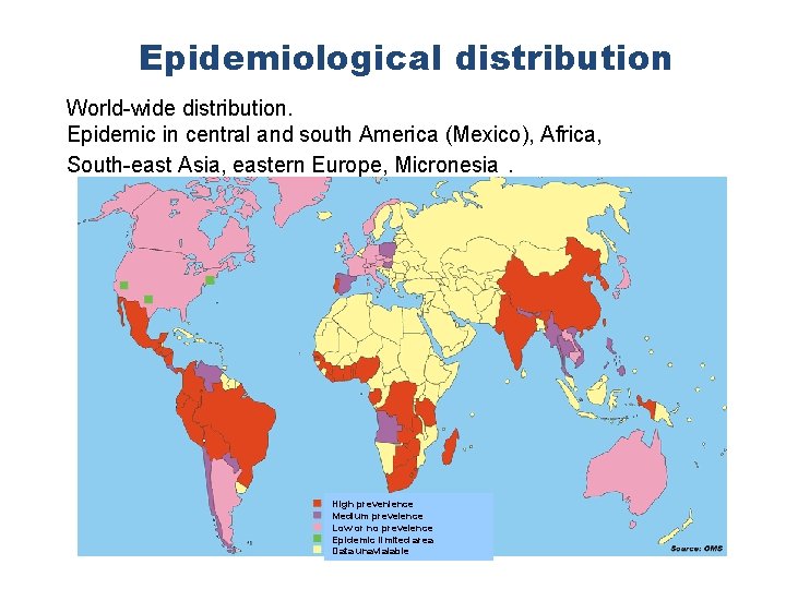 Epidemiological distribution World-wide distribution. Epidemic in central and south America (Mexico), Africa, South-east Asia,