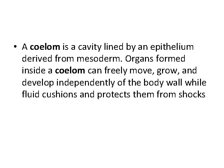  • A coelom is a cavity lined by an epithelium derived from mesoderm.